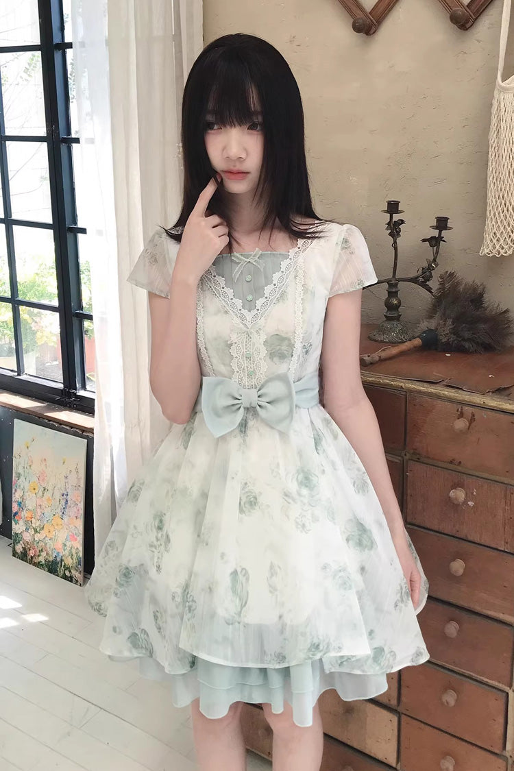 Sweet Lolita Dress - Floral Printed Bow Lace, Green, Lace Trim, Bow Detail - additional product view 5