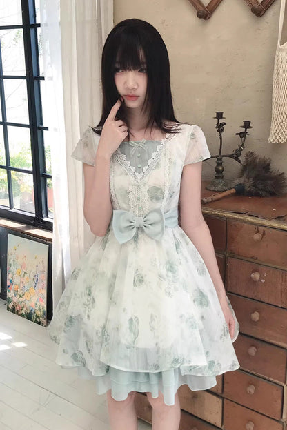 Sweet Lolita Dress - Floral Printed Bow Lace, Green, Lace Trim, Bow Detail - additional product view 5