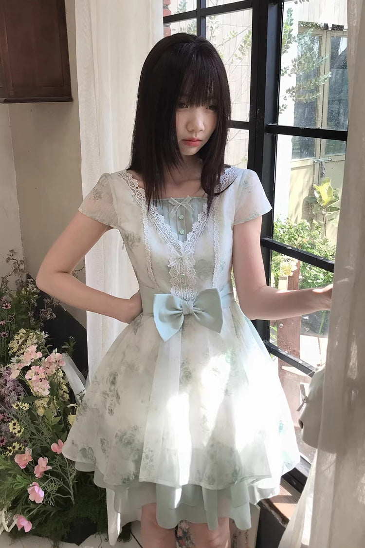 Sweet Lolita Dress - Floral Printed Bow Lace, Green, Lace Trim, Bow Detail - additional product view 6