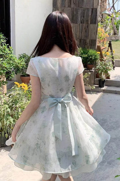 Sweet Lolita Dress - Floral Printed Bow Lace, Green, Lace Trim, Bow Detail - additional product view 7