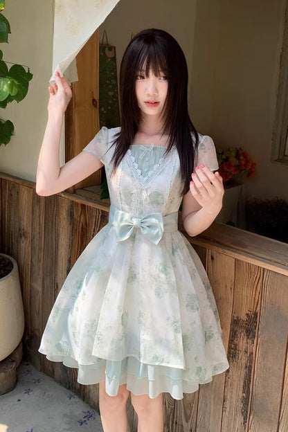 Sweet Lolita Dress - Floral Printed Bow Lace, Green, Lace Trim, Bow Detail - main product image