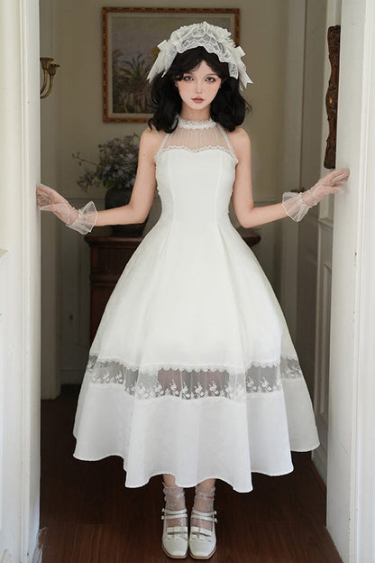 Sweet Lolita Dress - Flowers In The Mist, White, Halterneck, Gothic Style, Ruffled - additional product view 4
