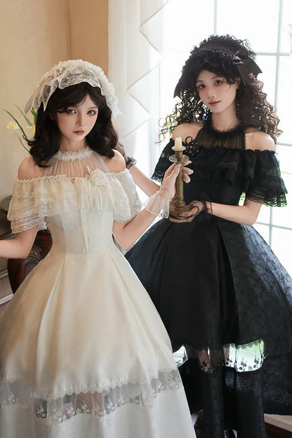 Sweet Lolita Dress - Flowers In The Mist, White, Halterneck, Gothic Style, Ruffled - additional product view 6