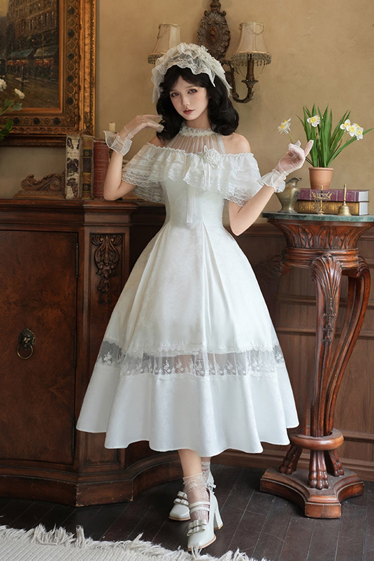 Sweet Lolita Dress - Flowers In The Mist, White, Halterneck, Gothic Style, Ruffled - main product image