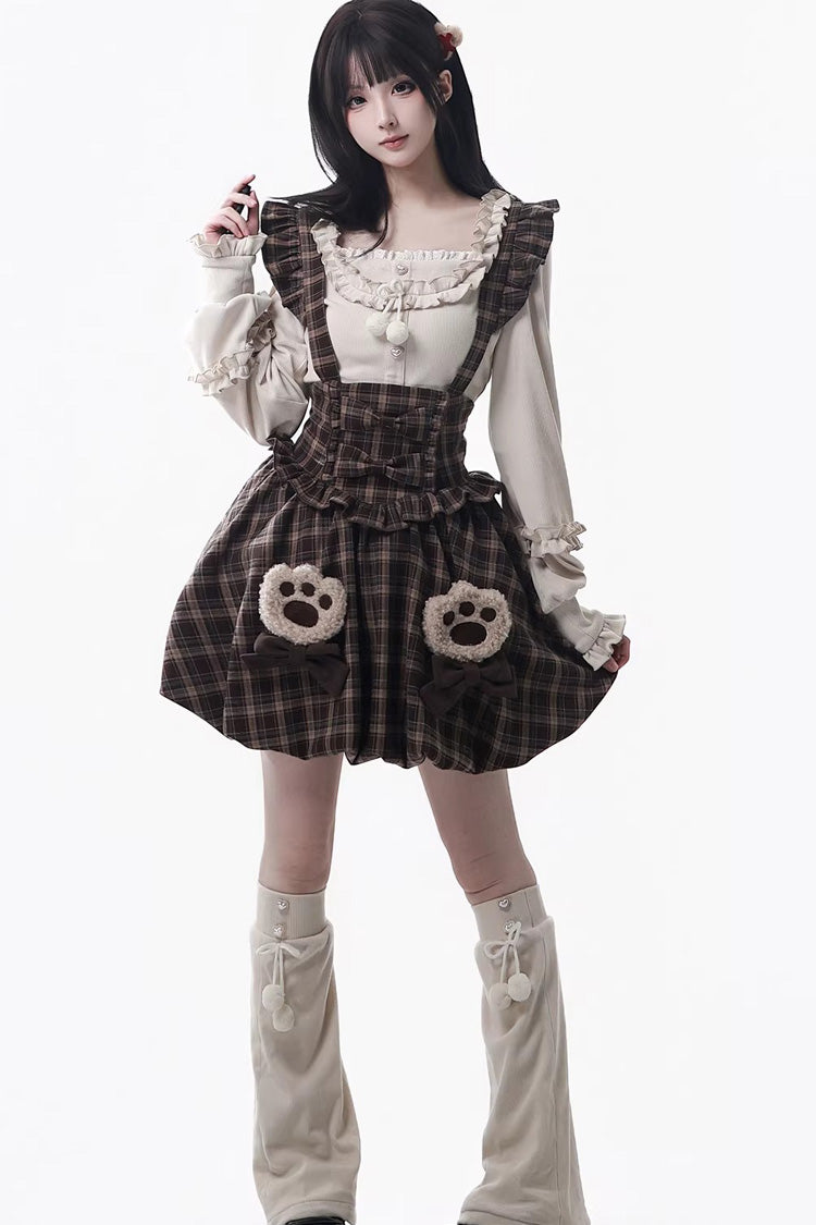 Sweet Lolita Dress - Fluffy Little Bear, Brown, Plaid, Bow Detail, Ruffled - main product image