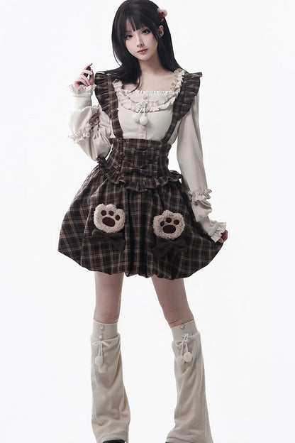 Sweet Lolita Dress - Fluffy Little Bear, Brown, Plaid, Bow Detail, Ruffled - main product image