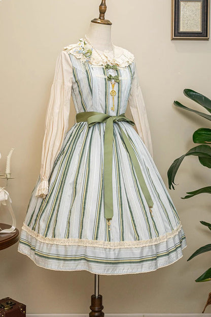 Sweet Lolita Dress - Forest Atlas Striped Print, 3 Colors, Striped, Printed, Punk Style - XS Green / S Green / M Green option