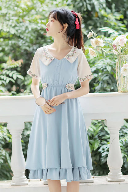 Sweet Lolita Dress - French Style Doll Collar Flower, 2 Colors, High Waist, Printed - additional product view 3