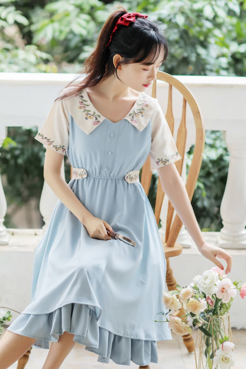 Sweet Lolita Dress - French Style Doll Collar Flower, 2 Colors, High Waist, Printed - additional product view 4