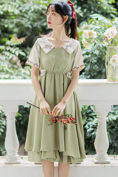 Sweet Lolita Dress - French Style Doll Collar Flower, 2 Colors, High Waist, Printed - additional product view 7