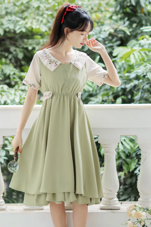 Sweet Lolita Dress - French Style Doll Collar Flower, 2 Colors, High Waist, Printed - additional product view 8
