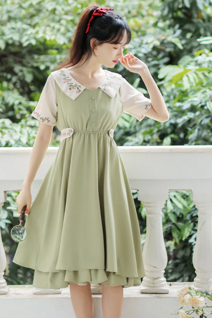 Sweet Lolita Dress - French Style Doll Collar Flower, 2 Colors, High Waist, Printed - additional product view 8
