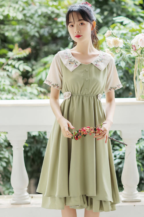Sweet Lolita Dress - French Style Doll Collar Flower, 2 Colors, High Waist, Printed - S Green / M Green / L Green option