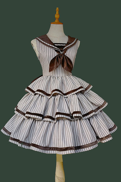 Sweet Lolita Dress - From Afar, 2 Colors, Striped, Layered, Bow Detail - additional product view 4