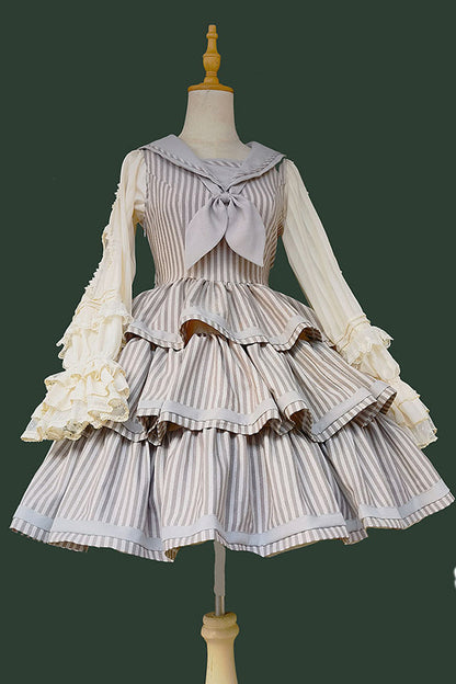 Sweet Lolita Dress - From Afar, 2 Colors, Striped, Layered, Bow Detail - additional product view 17
