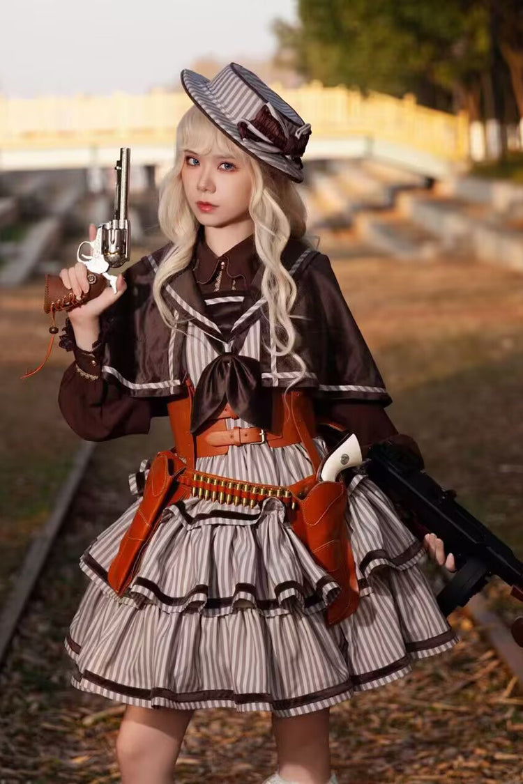 Sweet Lolita Dress - From Afar, 2 Colors, Striped, Layered, Bow Detail - main product image