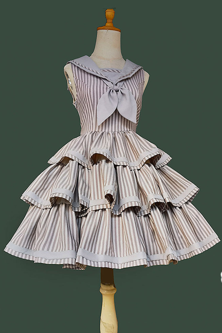 Sweet Lolita Dress - From Afar, 2 Colors, Striped, Layered, Bow Detail - S Grey / M Grey / L Grey option
