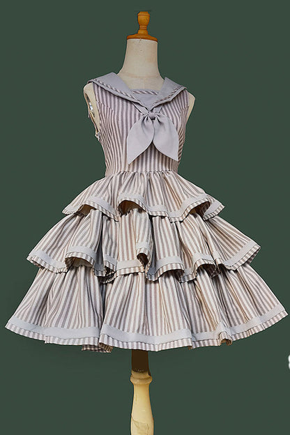 Sweet Lolita Dress - From Afar, 2 Colors, Striped, Layered, Bow Detail - S Grey / M Grey / L Grey option