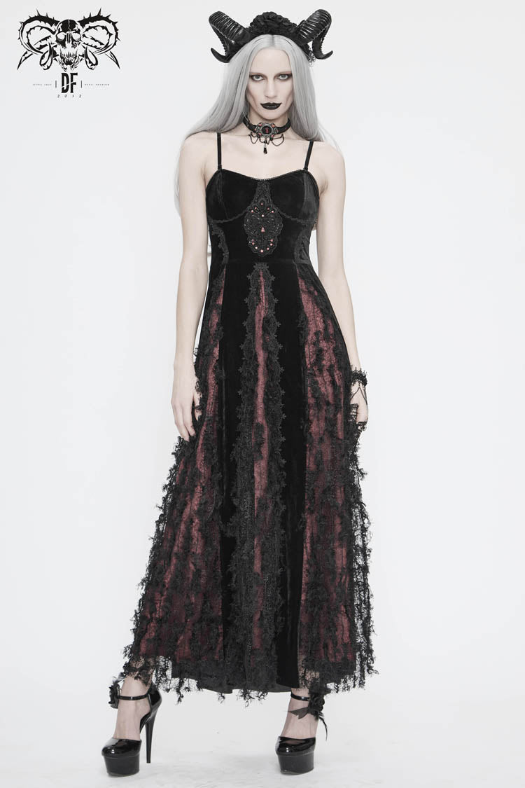 Sweet Lolita Dress - Front Chest Decals Dense Velvet, Red, Women's Style, Lace Trim - additional product view 2