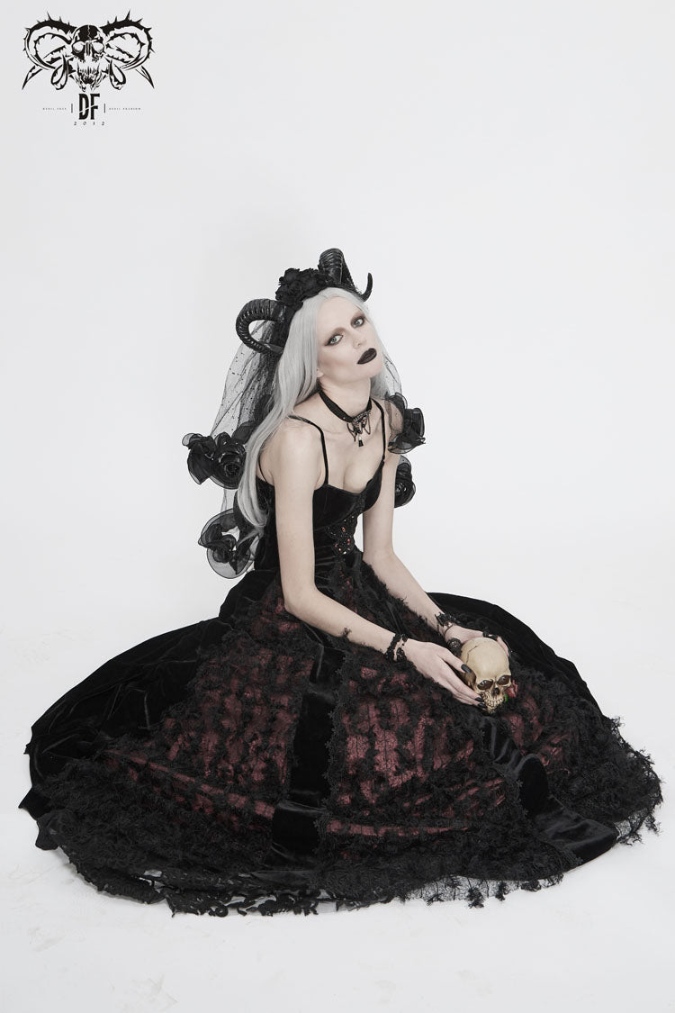 Sweet Lolita Dress - Front Chest Decals Dense Velvet, Red, Women's Style, Lace Trim - additional product view 7