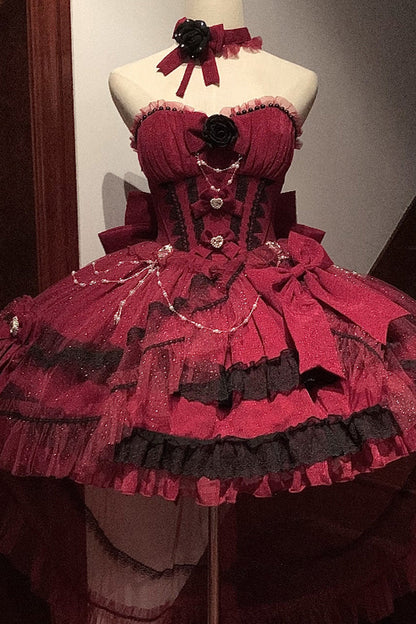 Sweet Lolita Dress - Galaxy Flower Language, 2 Colors, Layered, Bow Detail, Ruffled - S Red / M Red / L Red option
