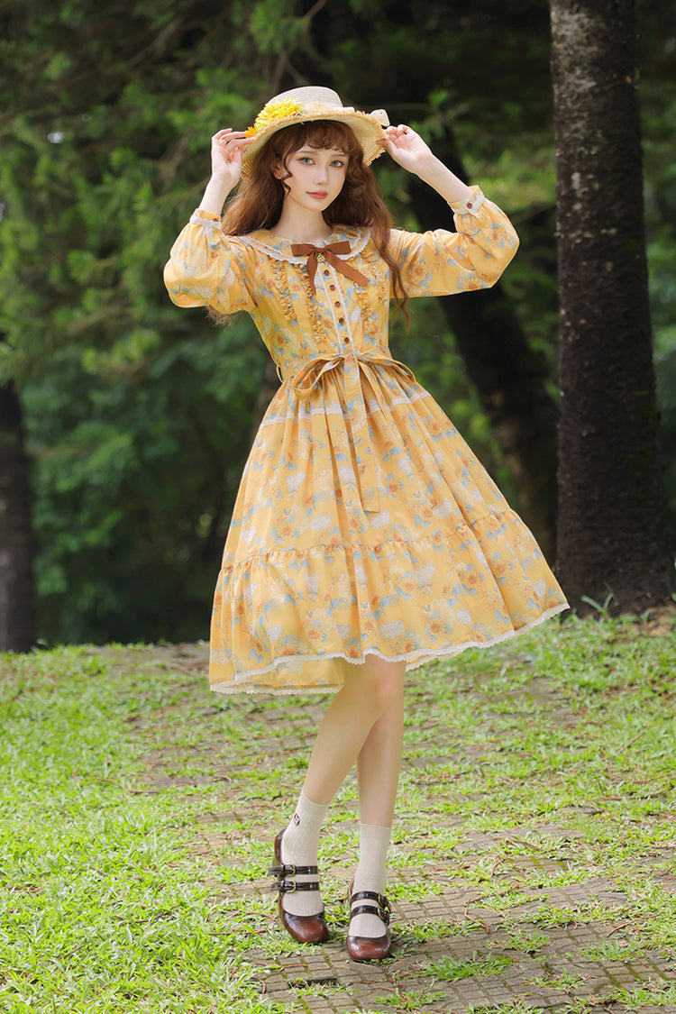 Sweet Lolita Dress - Gardening Sunflower, Yellow, Bow Detail, Lace Trim, Ruffled - main product image