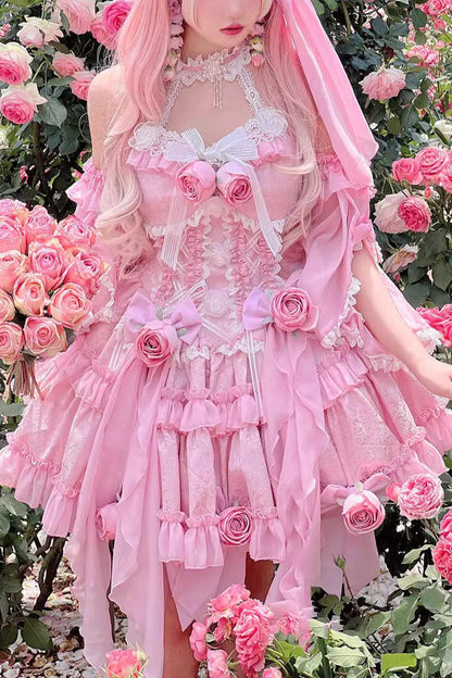 Sweet Lolita Dress - Gem Princess Fish Bone Detached, 2 Colors, Lace Trim, Bow Detail - additional product view 2