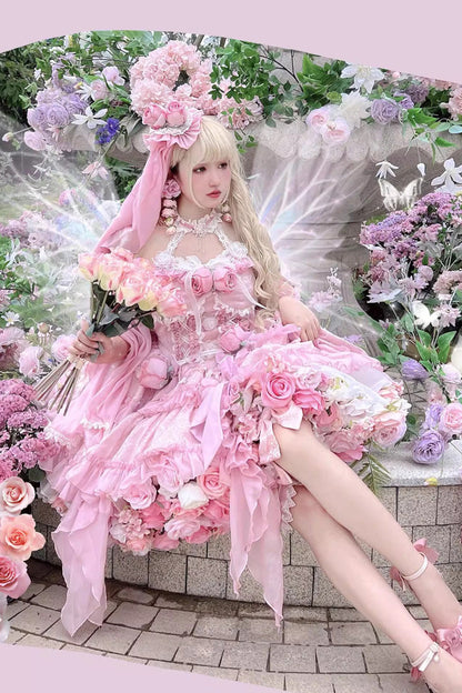 Sweet Lolita Dress - Gem Princess Fish Bone Detached, 2 Colors, Lace Trim, Bow Detail - additional product view 4