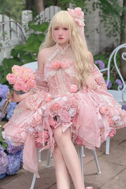 Sweet Lolita Dress - Gem Princess Fish Bone Detached, 2 Colors, Lace Trim, Bow Detail - additional product view 10
