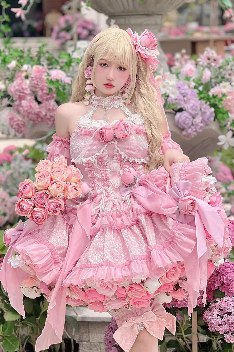 Sweet Lolita Dress - Gem Princess Fish Bone Detached, 2 Colors, Lace Trim, Bow Detail - XS Pink / S Pink / M Pink option