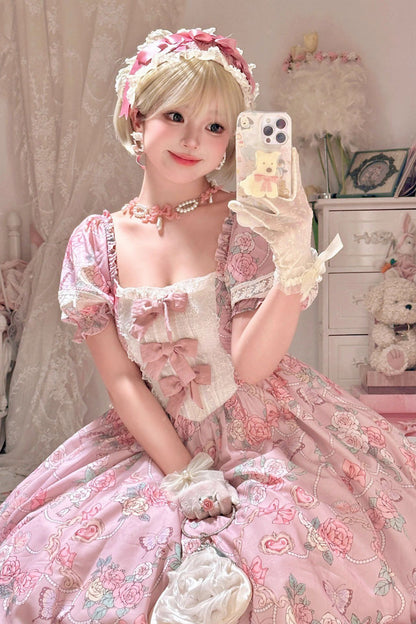 Sweet Lolita Dress - Gem Rose Print, Pink, Puff Sleeves, Plus Size, Printed - additional product view 2