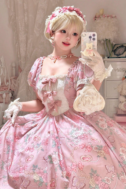 Sweet Lolita Dress - Gem Rose Print, Pink, Puff Sleeves, Plus Size, Printed - additional product view 3