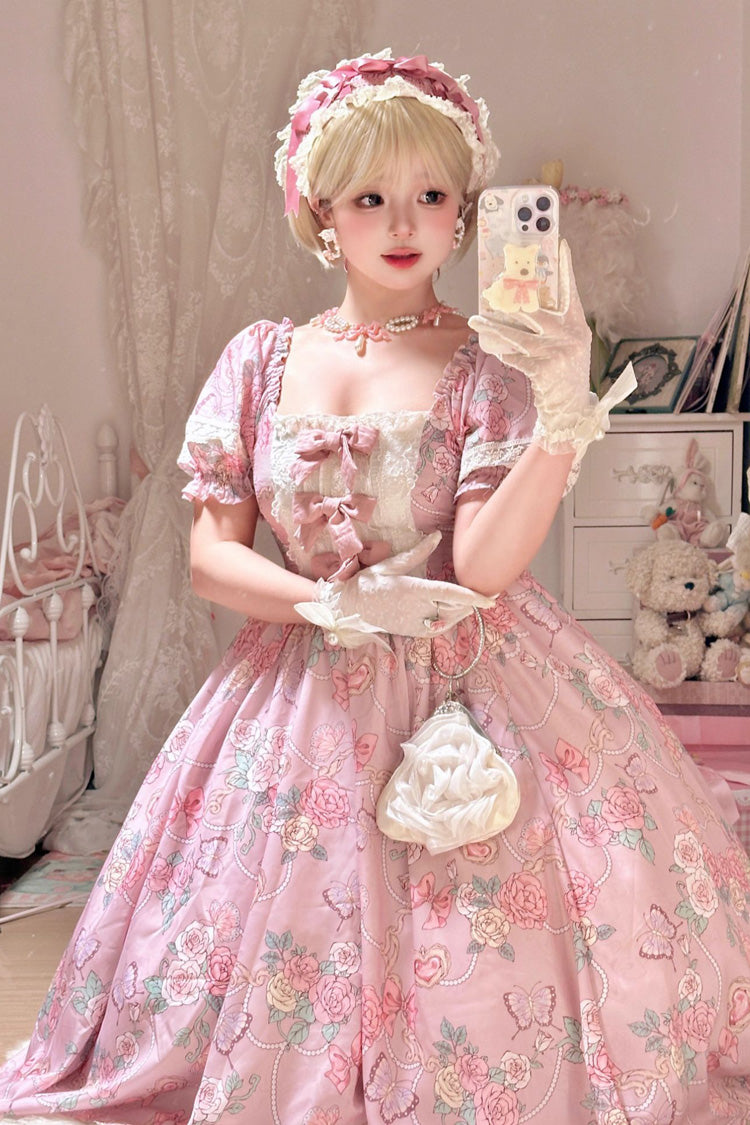 Sweet Lolita Dress - Gem Rose Print, Pink, Puff Sleeves, Plus Size, Printed - additional product view 4