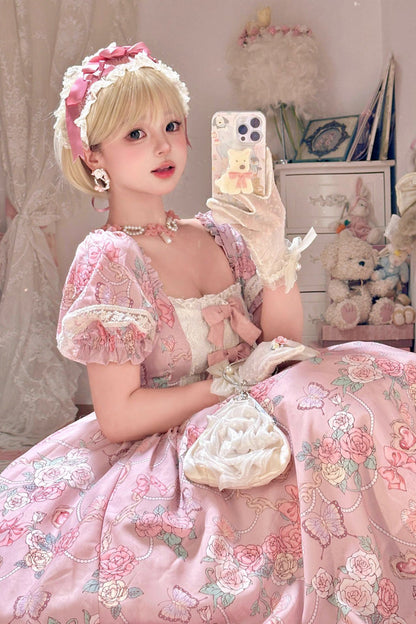 Sweet Lolita Dress - Gem Rose Print, Pink, Puff Sleeves, Plus Size, Printed - additional product view 5