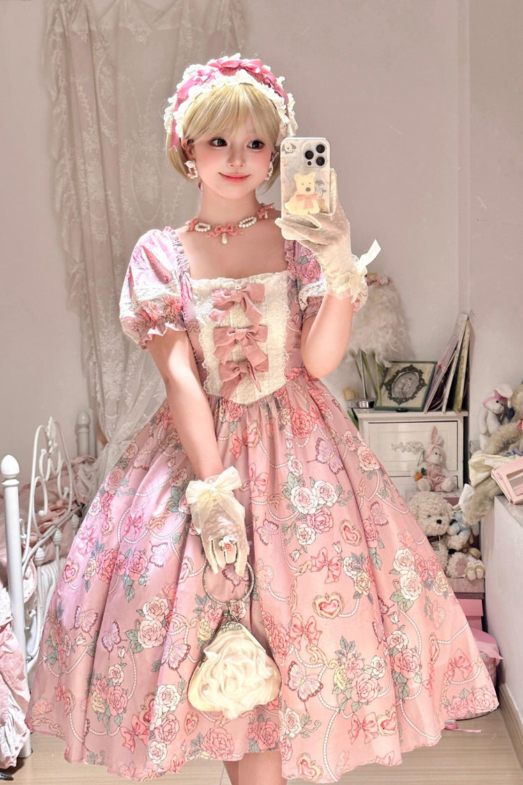 Sweet Lolita Dress - Gem Rose Print, Pink, Puff Sleeves, Plus Size, Printed - main product image