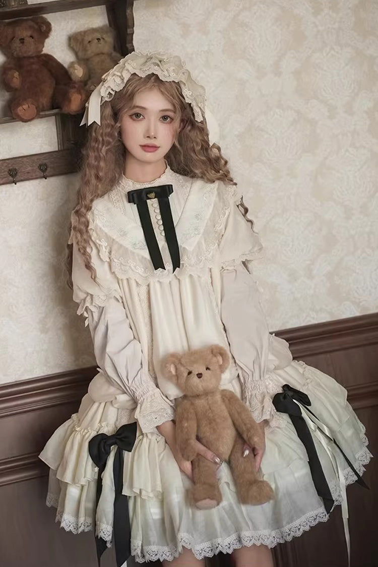 Sweet Lolita Dress - Glass Flower Room, Ivory, Detachable Detail, Ruffled, Embroidered - S Ivory/Black / M Ivory/Black / L Ivory/Black option