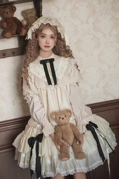 Sweet Lolita Dress - Glass Flower Room, Ivory, Detachable Detail, Ruffled, Embroidered - S Ivory/Black / M Ivory/Black / L Ivory/Black option