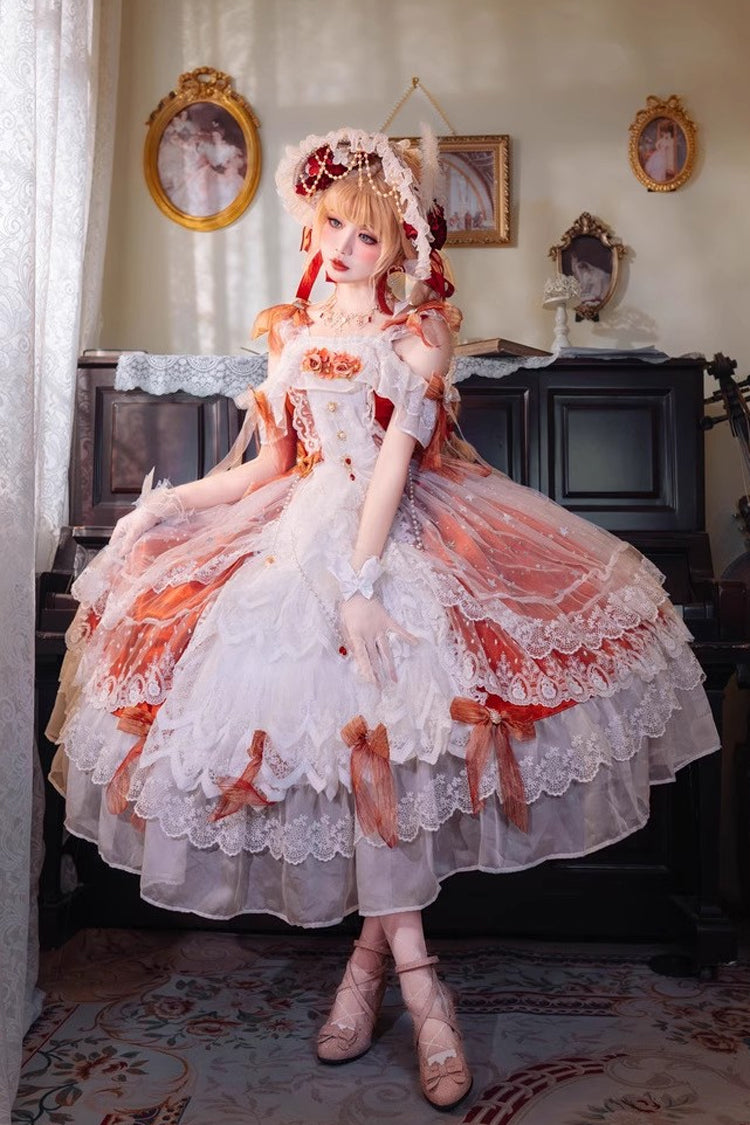 Sweet Lolita Dress - Glazed Phantom, Red, Ruffled, Bow Detail, Lace Trim - main product image
