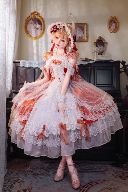 Sweet Lolita Dress - Glazed Phantom, Red, Ruffled, Bow Detail, Lace Trim - main product image