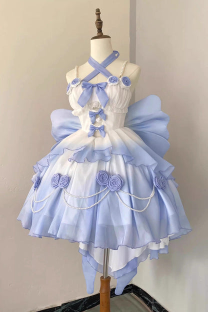 Sweet Lolita Dress - Gradient Blue Hanayome Hollow, Blue, Bow Detail - additional product view 2