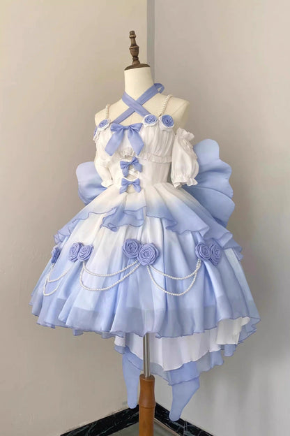 Sweet Lolita Dress - Gradient Blue Hanayome Hollow, Blue, Bow Detail - additional product view 4