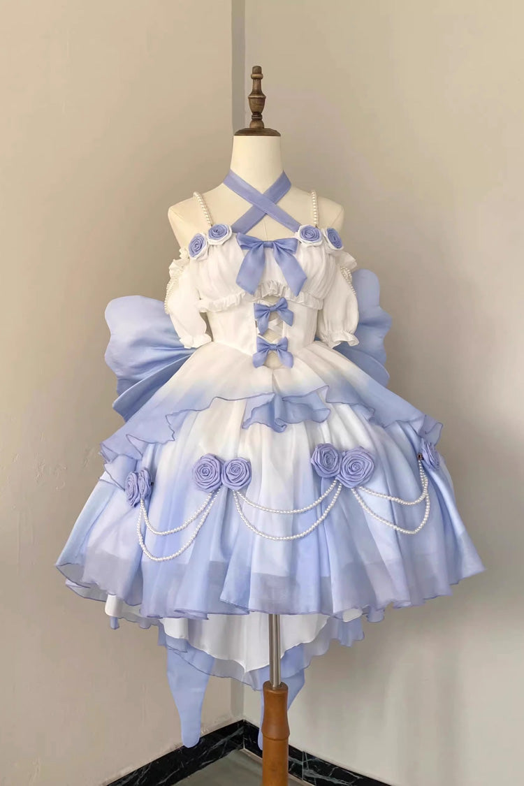 Sweet Lolita Dress - Gradient Blue Hanayome Hollow, Blue, Bow Detail - main product image