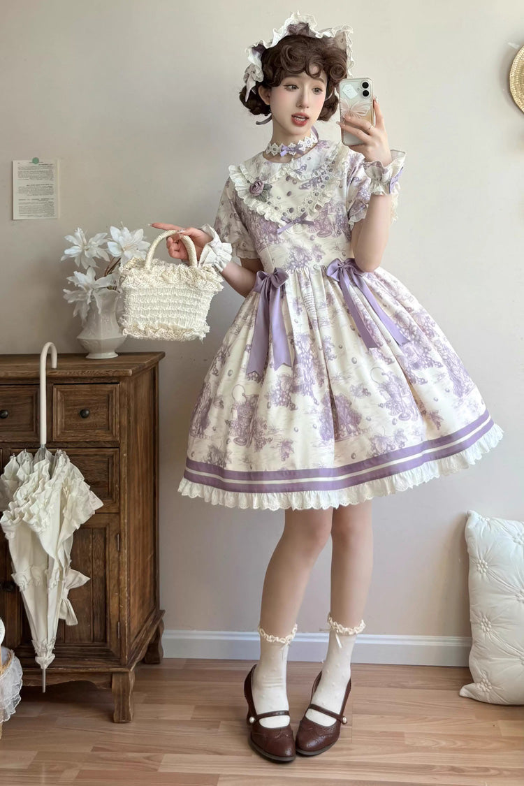Sweet Lolita Dress - Grape Moon Almanac, Purple, Ruffled, Printed, Layered - additional product view 3