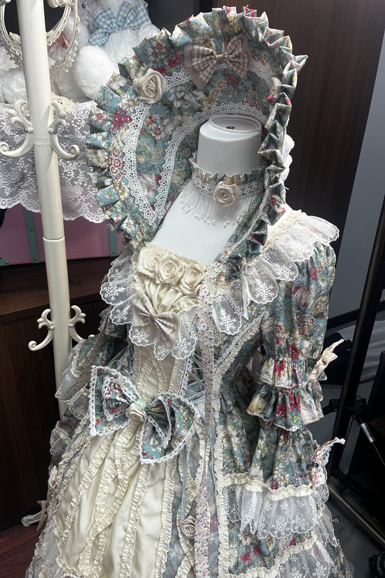 Sweet Lolita Dress - Green/ivory Print, 2 Colors, Lace Trim, Ruffled, Printed - additional product view 2