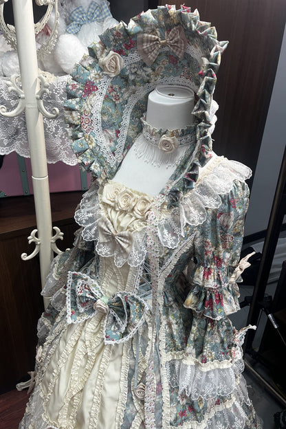 Sweet Lolita Dress - Green/ivory Print, 2 Colors, Lace Trim, Ruffled, Printed - additional product view 2