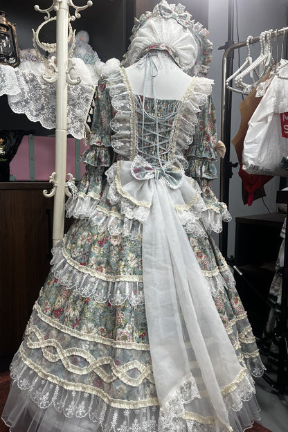 Sweet Lolita Dress - Green/ivory Print, 2 Colors, Lace Trim, Ruffled, Printed - additional product view 3