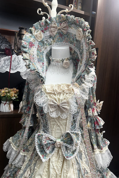 Sweet Lolita Dress - Green/ivory Print, 2 Colors, Lace Trim, Ruffled, Printed - additional product view 4