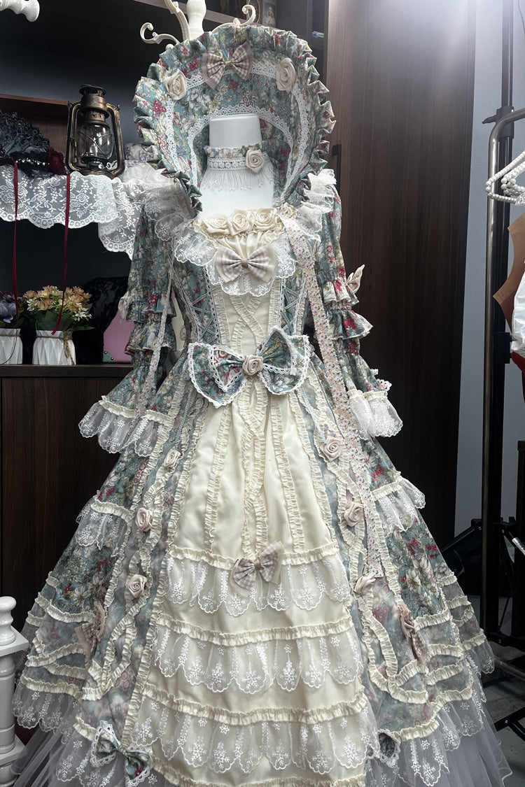 Sweet Lolita Dress - Green/ivory Print, 2 Colors, Lace Trim, Ruffled, Printed - main product image