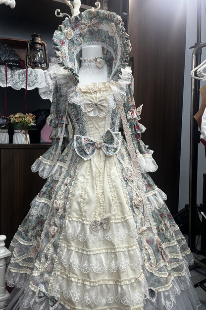 Sweet Lolita Dress - Green/ivory Print, 2 Colors, Lace Trim, Ruffled, Printed - main product image