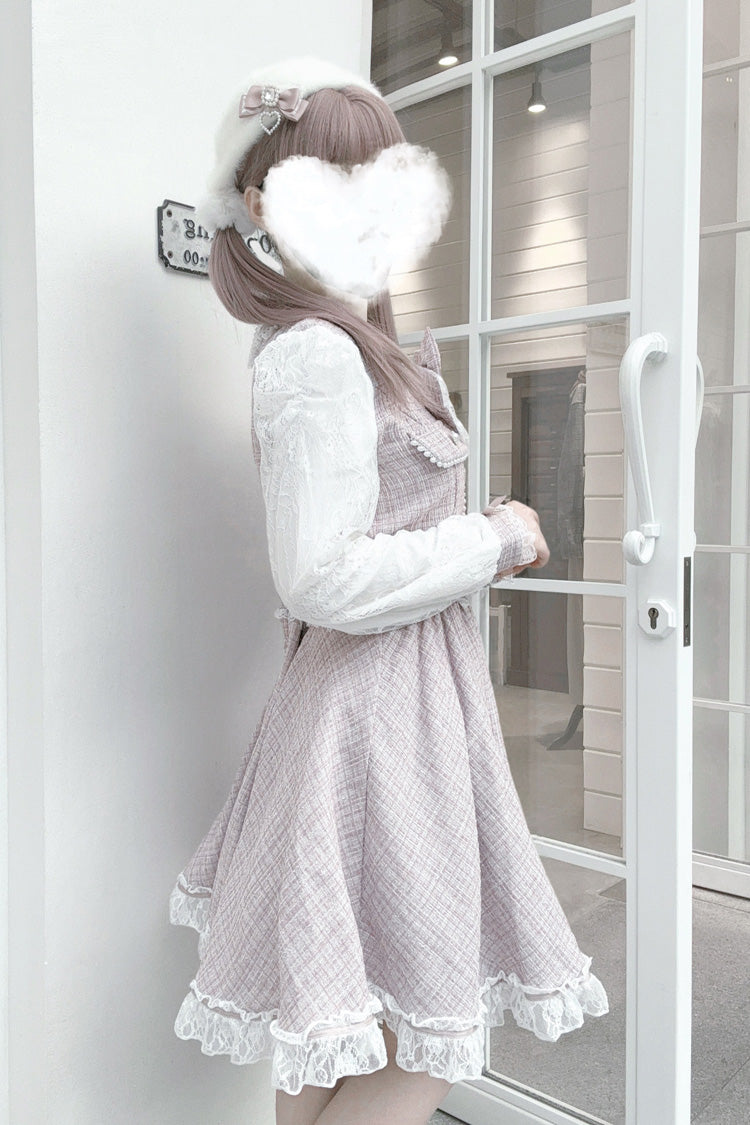 Sweet Lolita Dress - Grey/pink, 2 Colors, Lace Trim, Long Sleeves, Bow Detail - additional product view 2